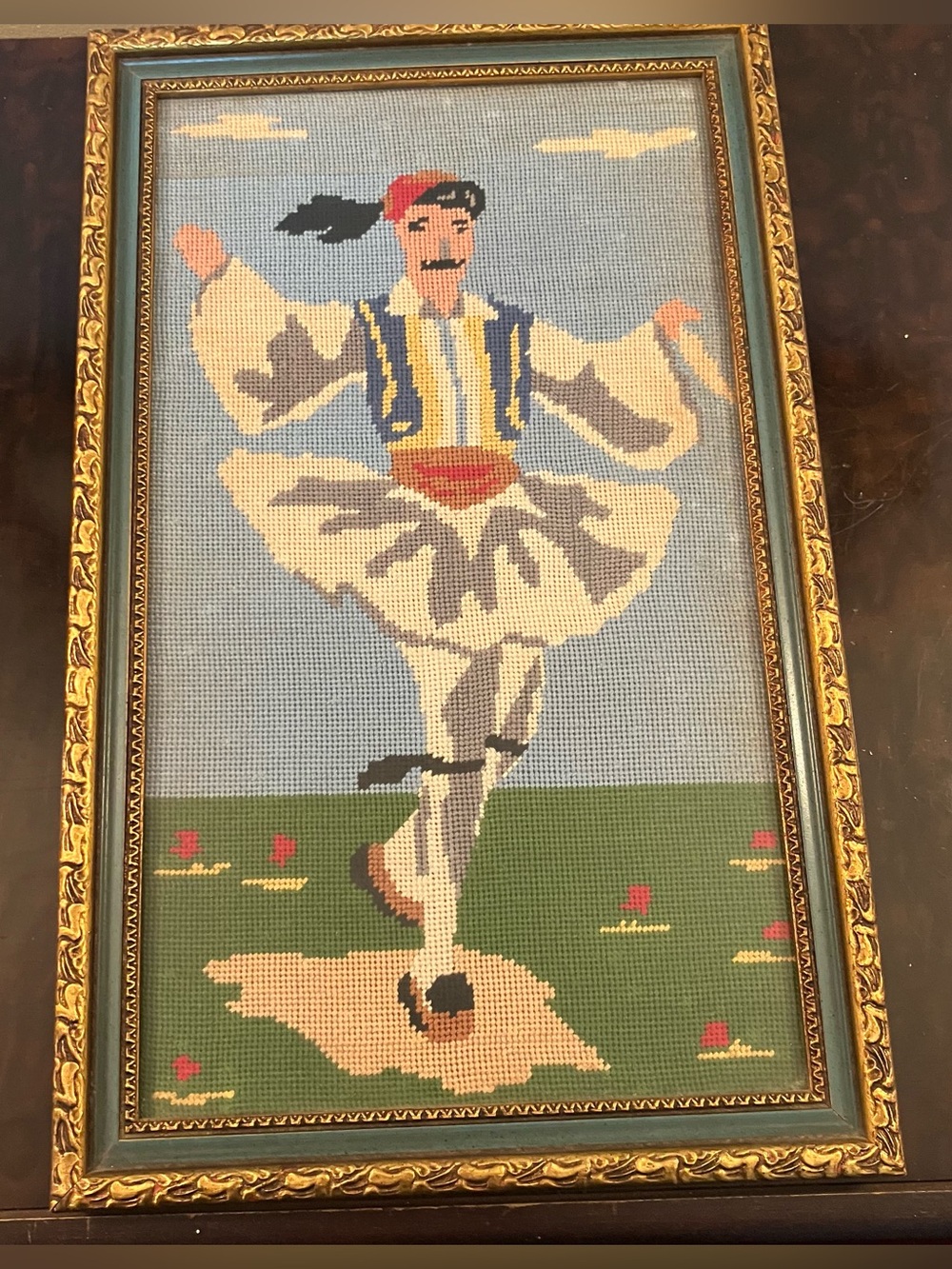VTG Needlepoint Wall Art Gold Framed Greek Traditional Dancer 10.25x 16.5in